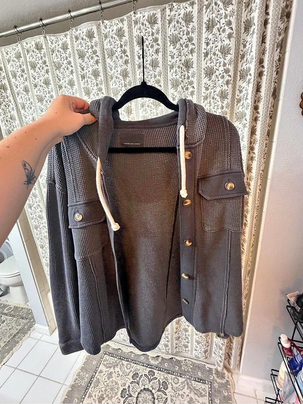 American Eagle Waffle Knit Hooded Shacket Black